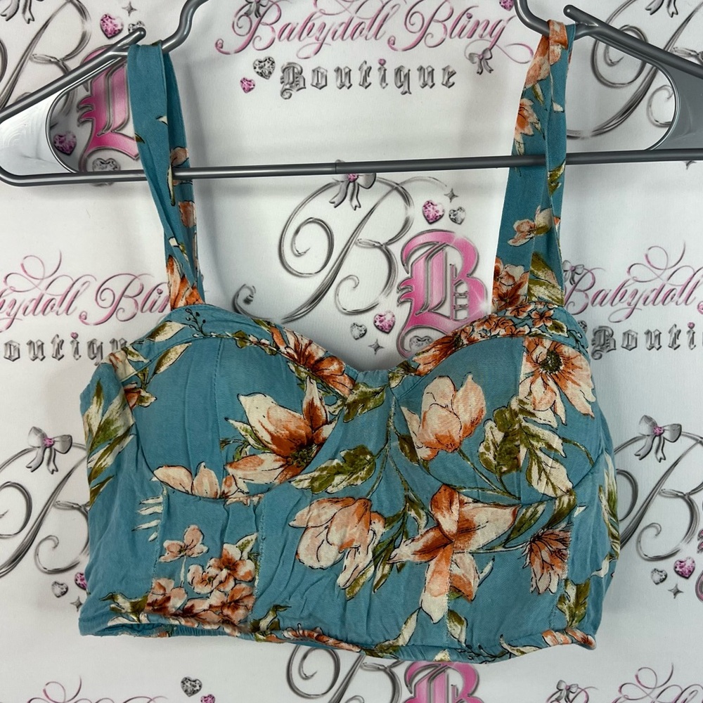 Bog collective cropped tank bustier style smocked back Floral Teal Crop Top